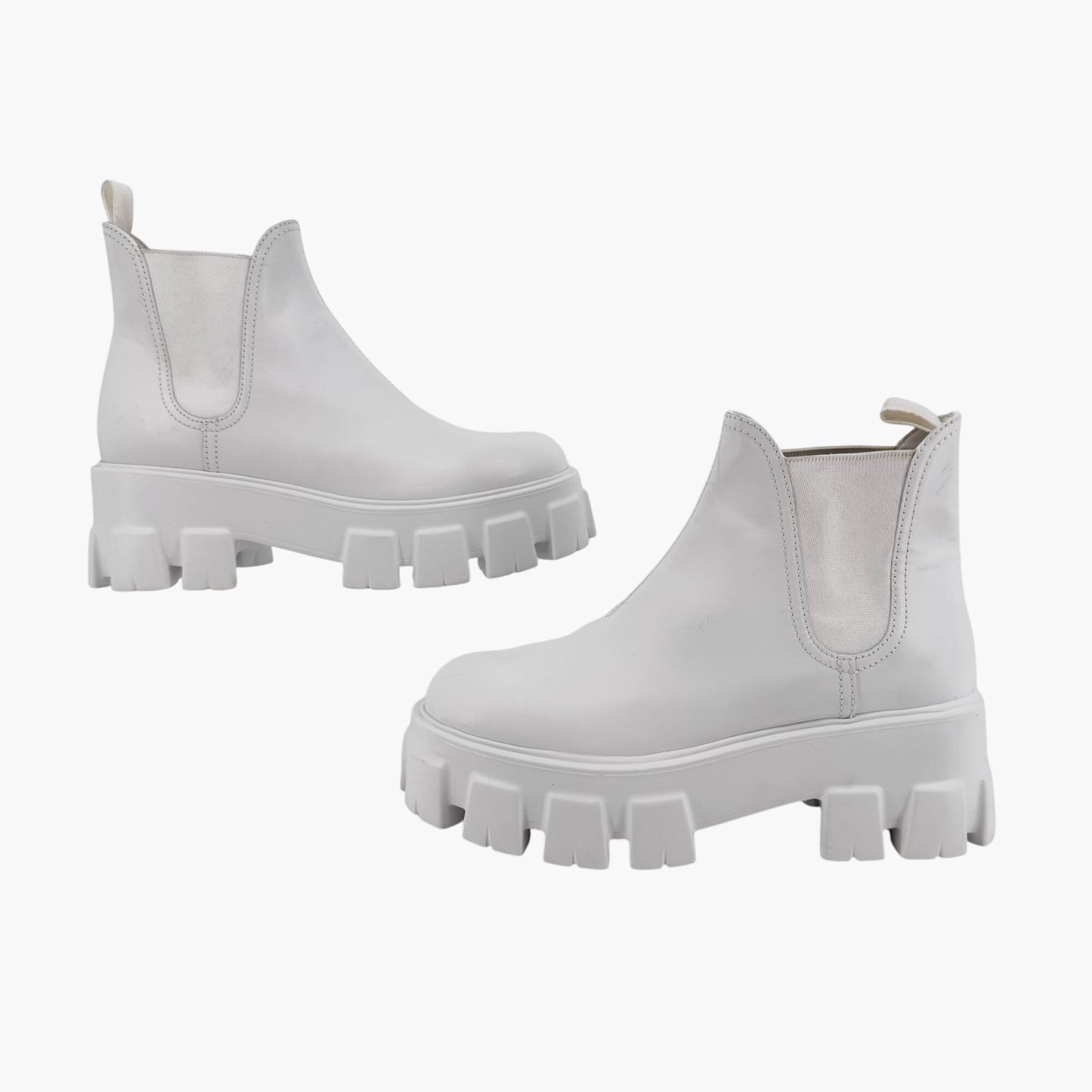 Prada Monolith Chelsea Boots in White Leather with Lug Soles – Size 37