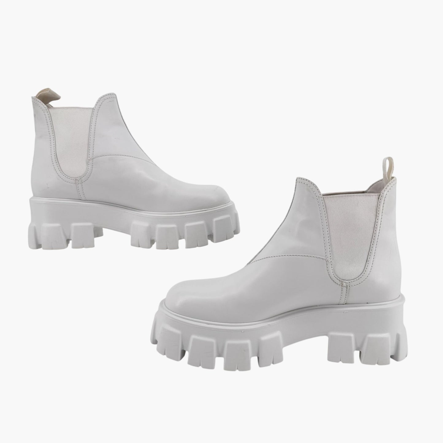 Prada Monolith Chelsea Boots in White Leather with Lug Soles – Size 37