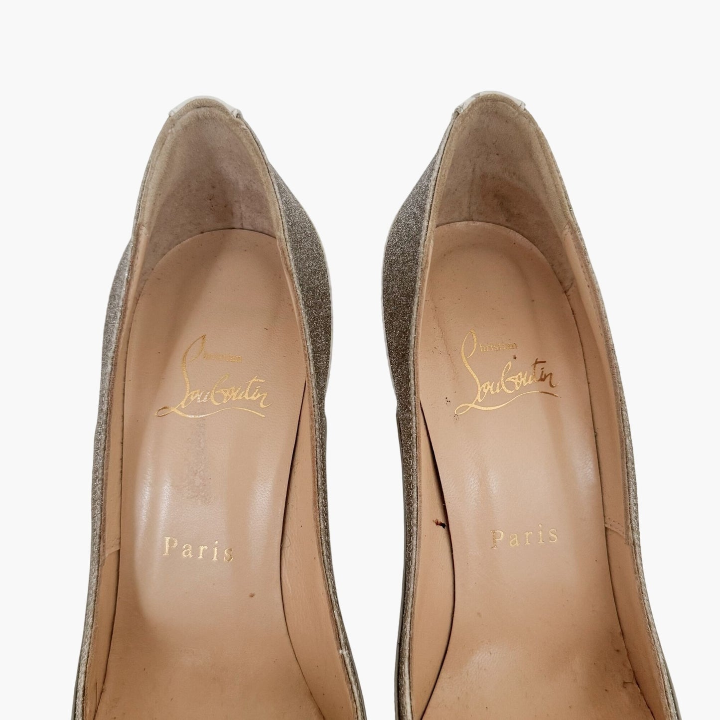 Christian Louboutin Tucsick 120 Pumps in Gray Patent, White Leather & Glitter Size 38