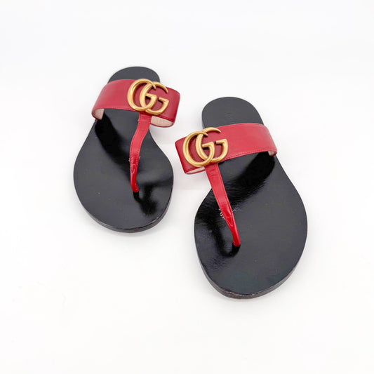 Gucci Marmont GG Flat Thong Sandals in Red Leather Size 36.5
