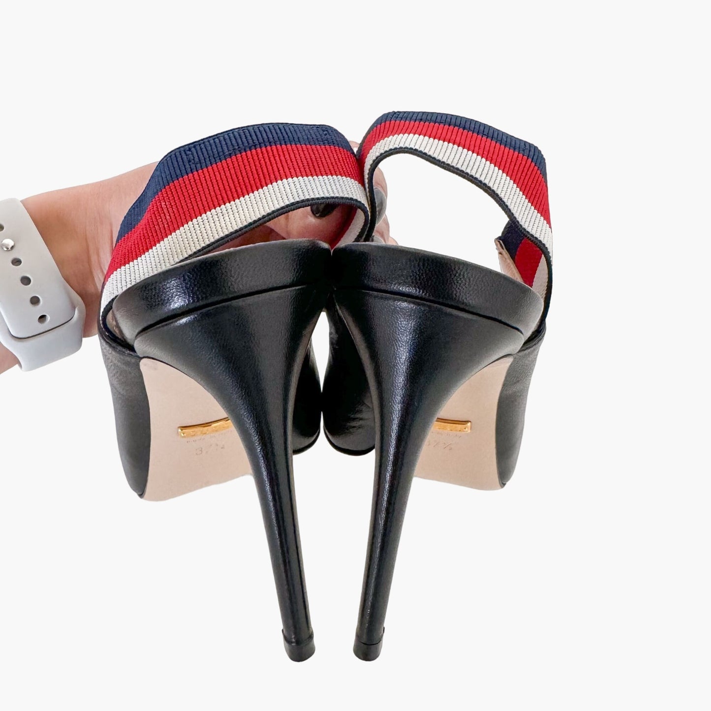 Gucci Sylvie Web Stripe Slingback Pumps in Black Size 37.5