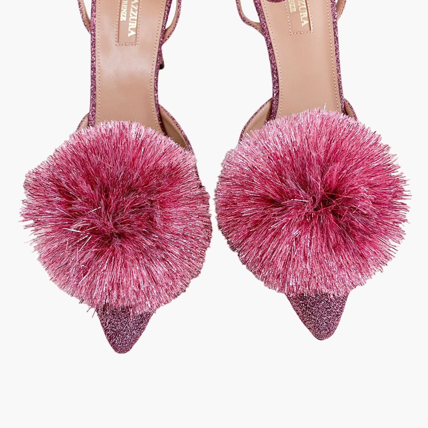 Aquazzura Powder Puff 85 Slingback Pumps in Pink Lurex Size 39.5