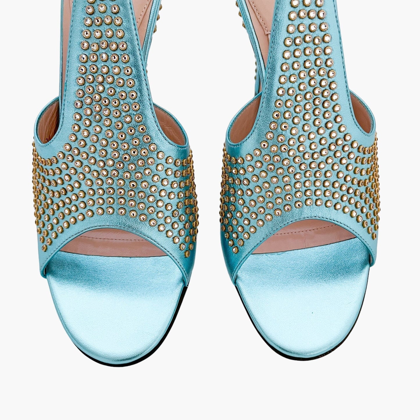 Gucci Fedra Crystal-Embellished Mules in Cielo (Metallic Blue) Size 37