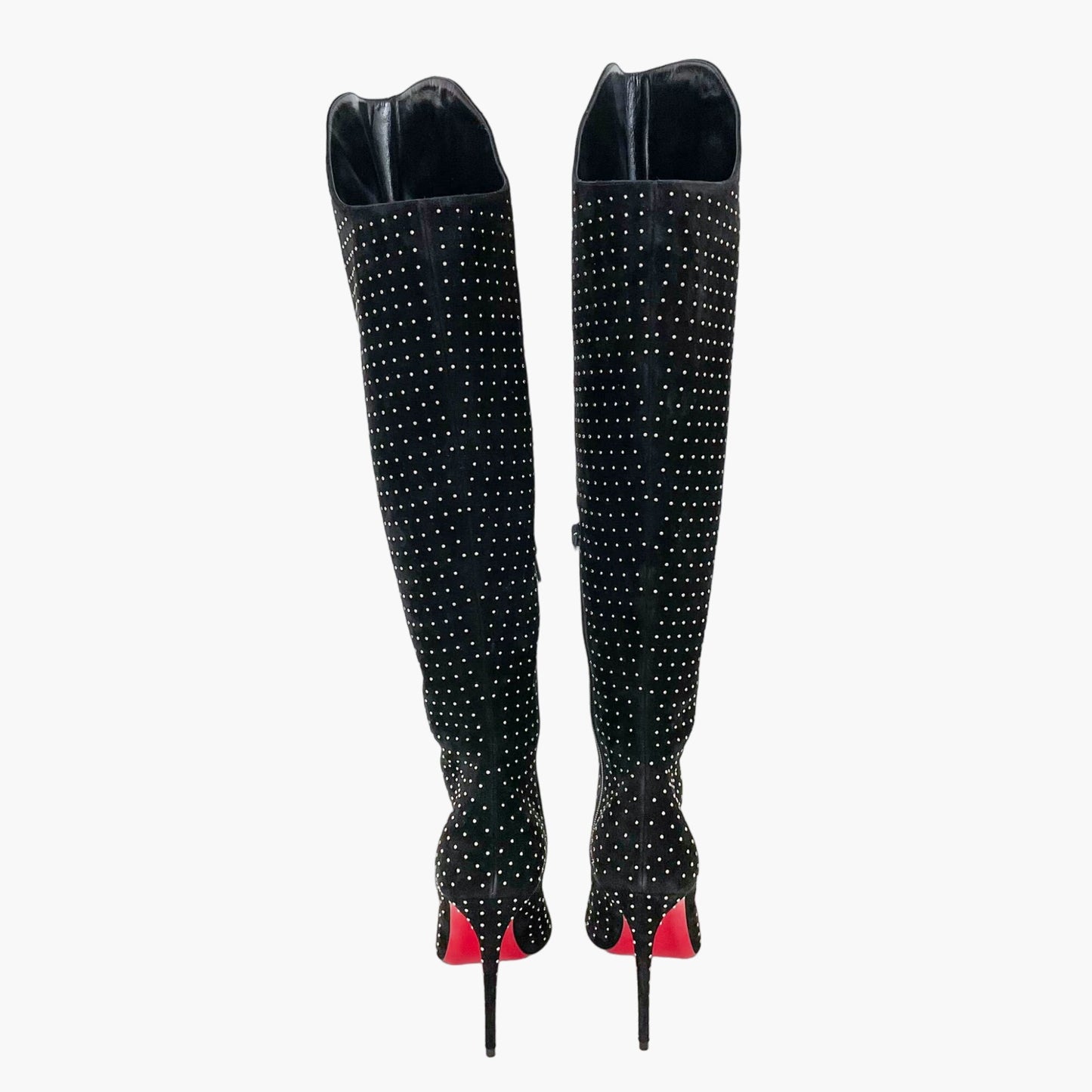 Christian Louboutin Alta Botta Plume 100 in Black Veau Velours with Silver Studs Size 39