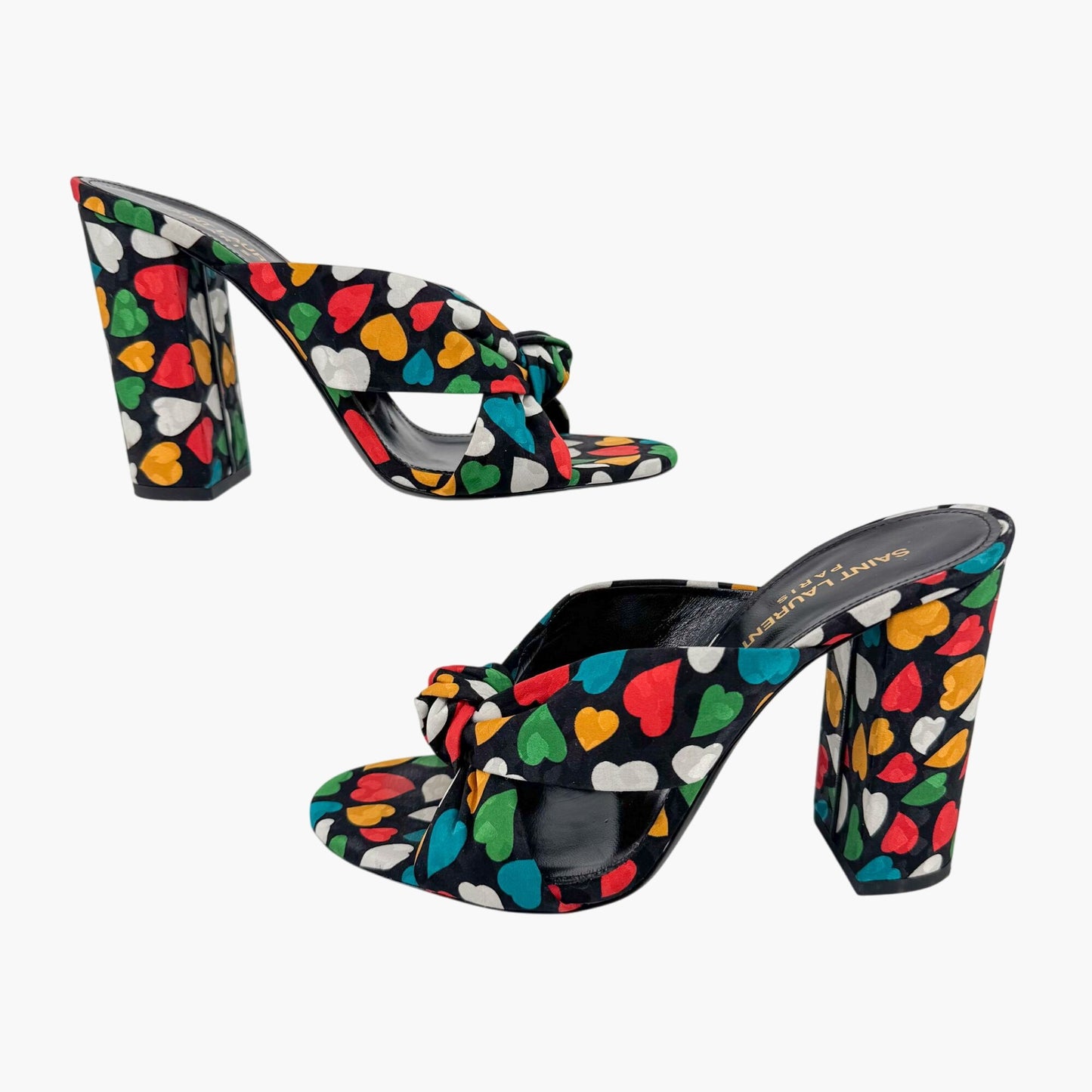 Saint Laurent Bianca 100 Mule Sandals in Black Satin with Heart Print – Size 38.5