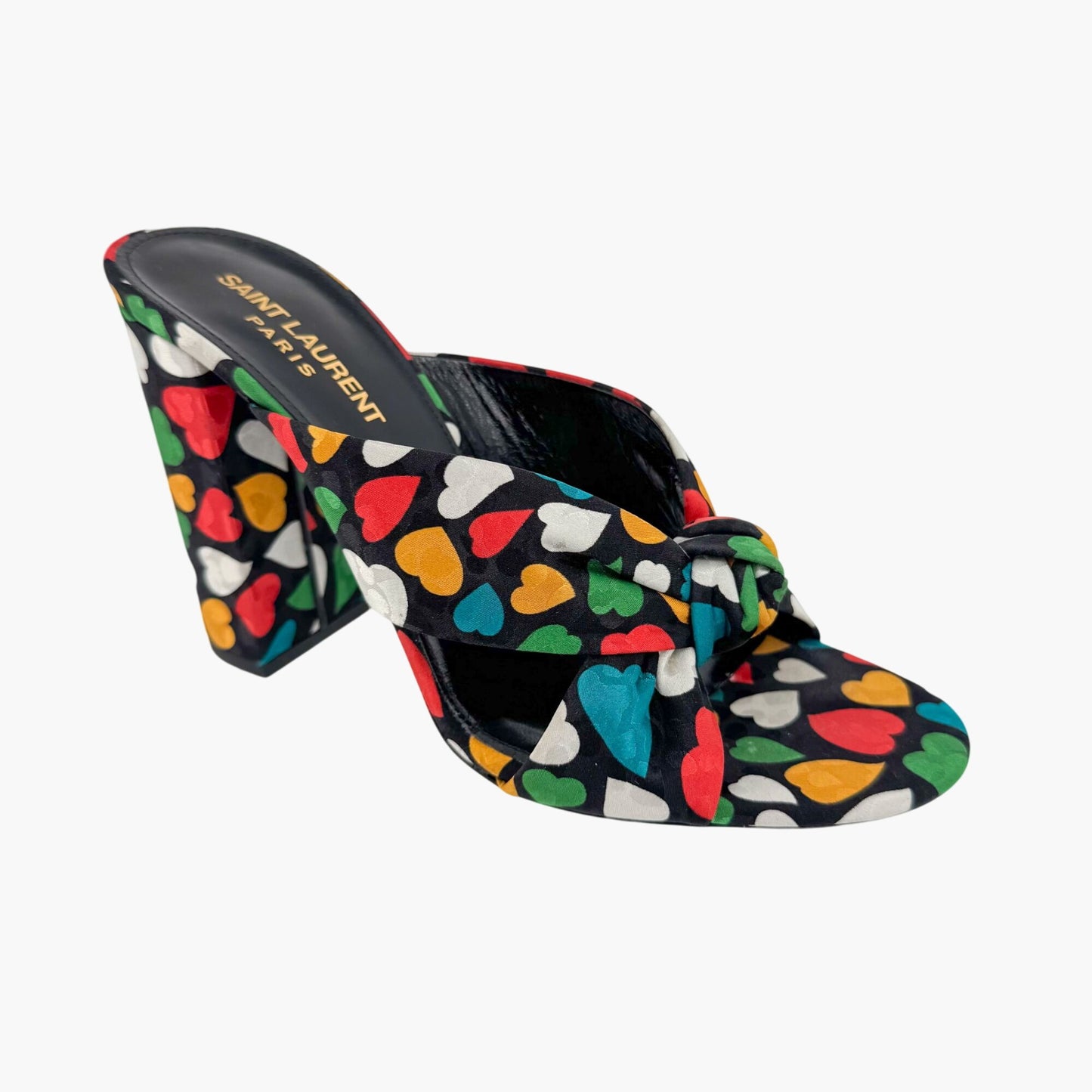 Saint Laurent Bianca 100 Mule Sandals in Black Satin with Heart Print – Size 38.5