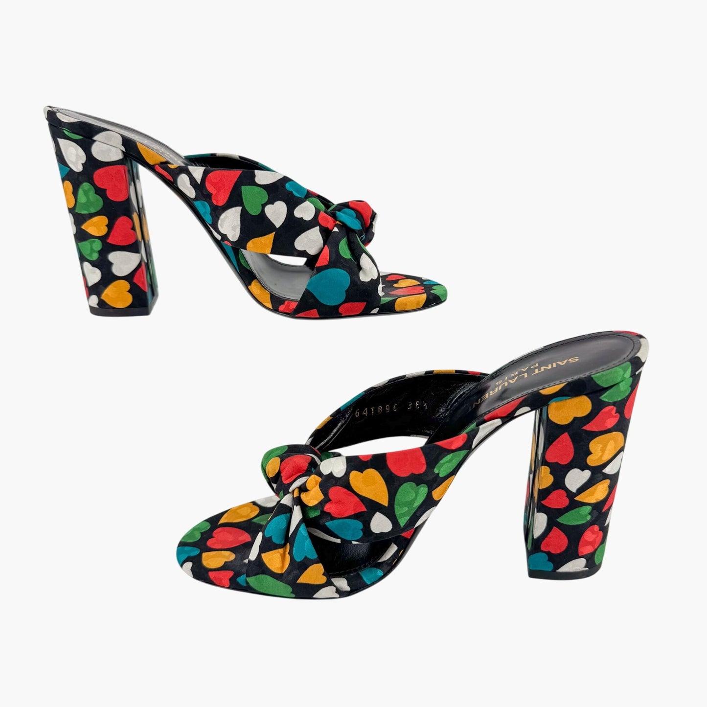 Saint Laurent Bianca 100 Mule Sandals in Black Satin with Heart Print – Size 38.5