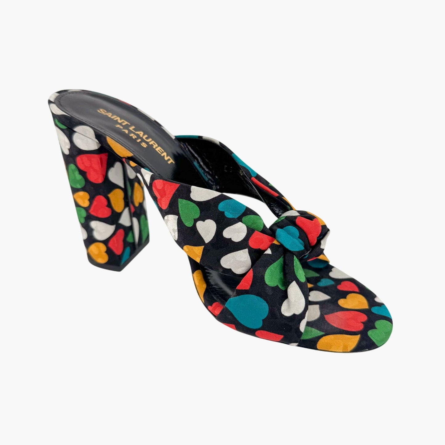 Saint Laurent Bianca 100 Mule Sandals in Black Satin with Heart Print – Size 38.5