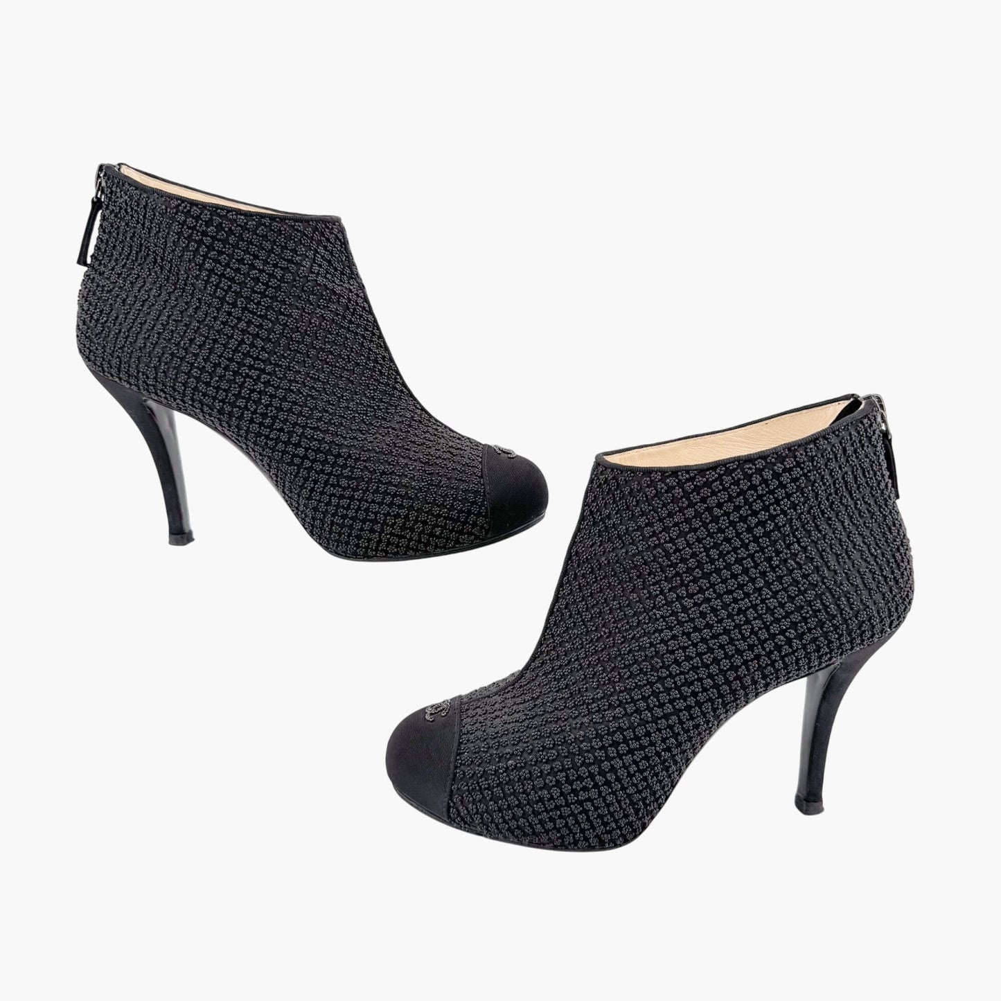 Chanel CC Cap Toe Beaded Ankle Booties in Black Size 38.5