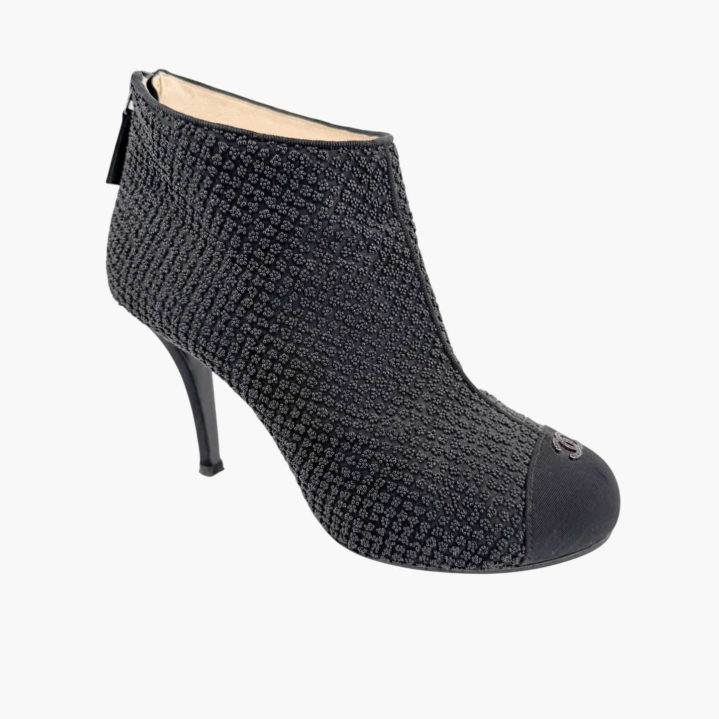 Chanel CC Cap Toe Beaded Ankle Booties in Black Size 38.5
