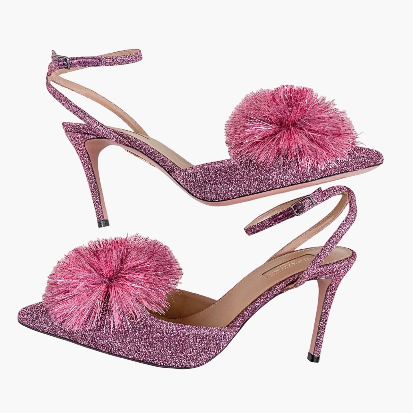 Aquazzura Powder Puff 85 Slingback Pumps in Pink Lurex Size 39.5