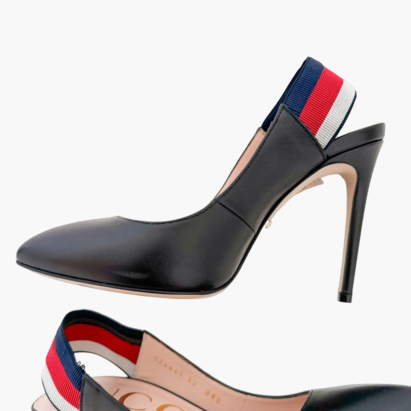 Gucci Sylvie Web Stripe Slingback Pumps in Black Size 37