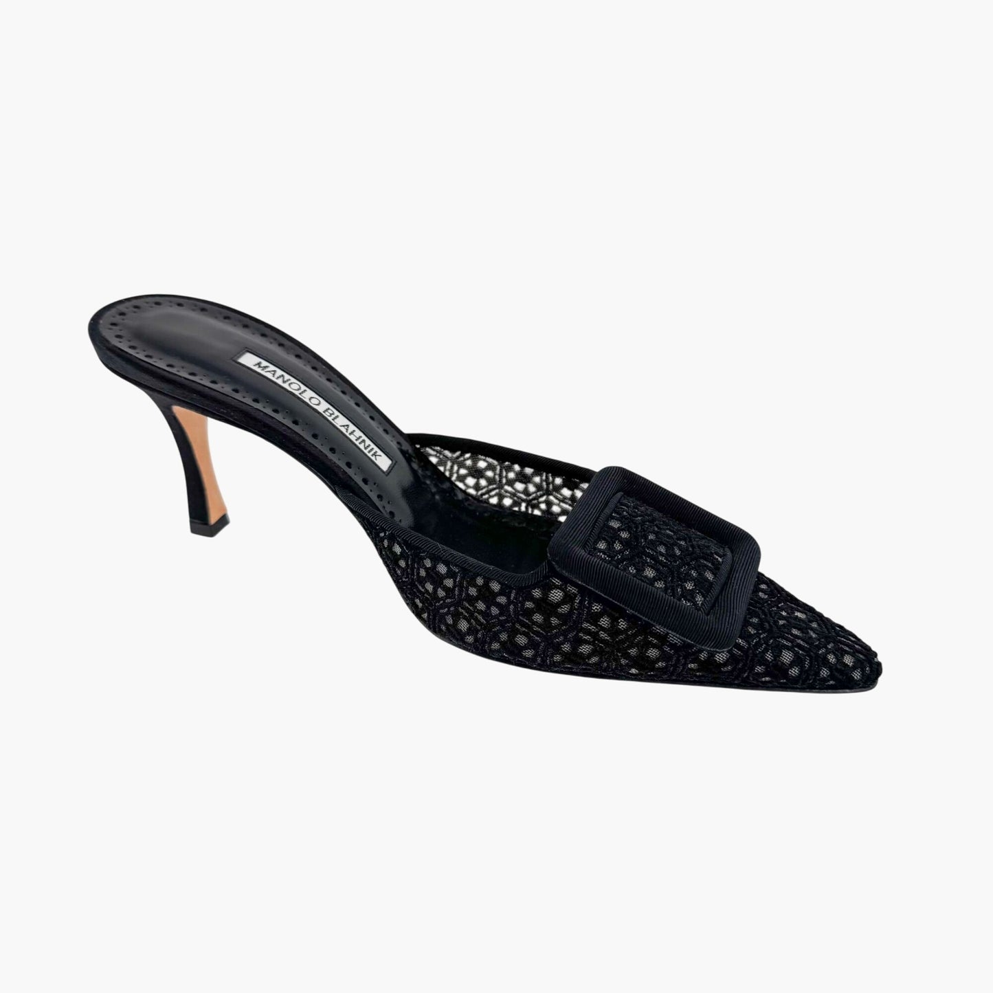 Manolo Blahnik Maysalebi 70 Mules in Black Lace with Buckle – Size 38