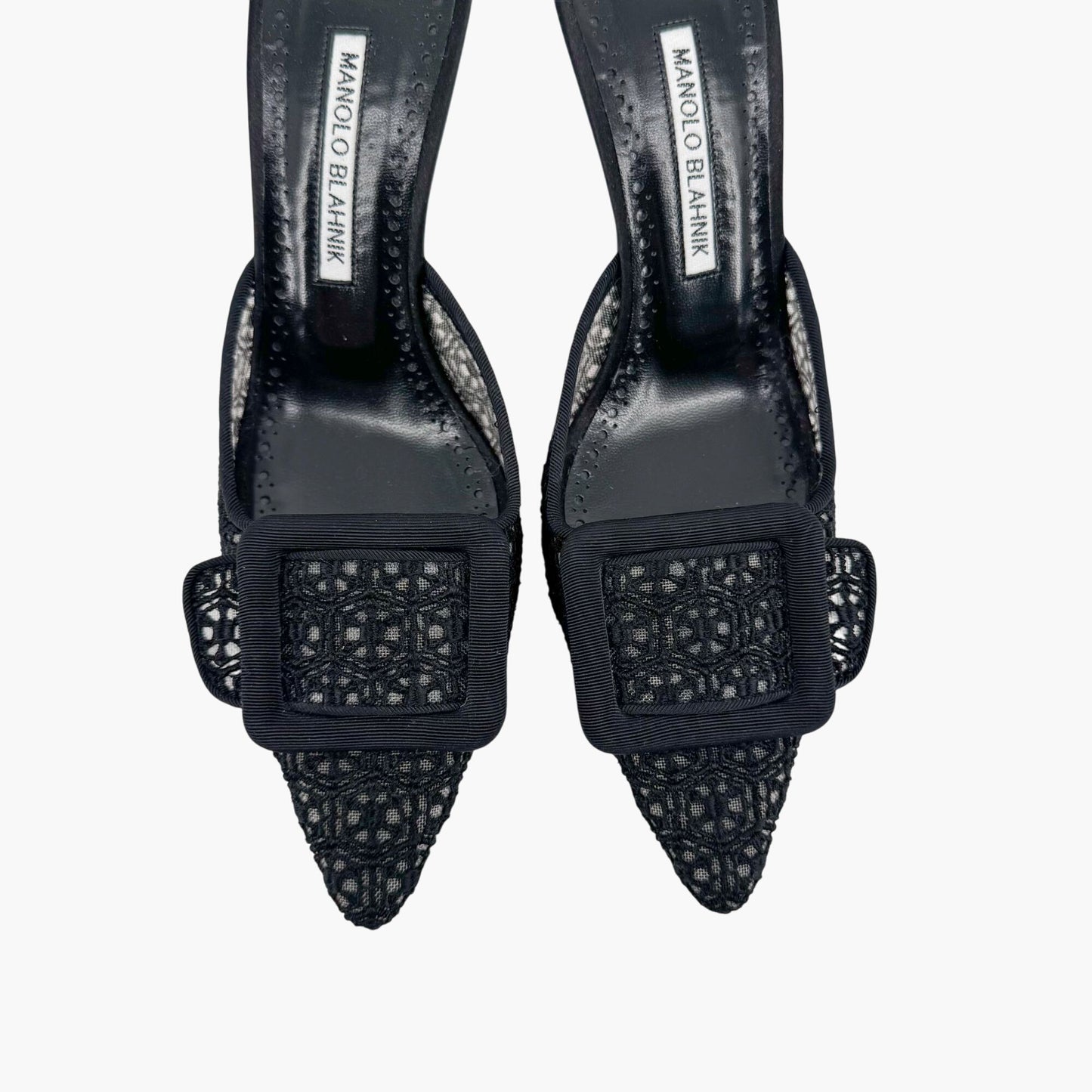 Manolo Blahnik Maysalebi 70 Mules in Black Lace with Buckle – Size 38