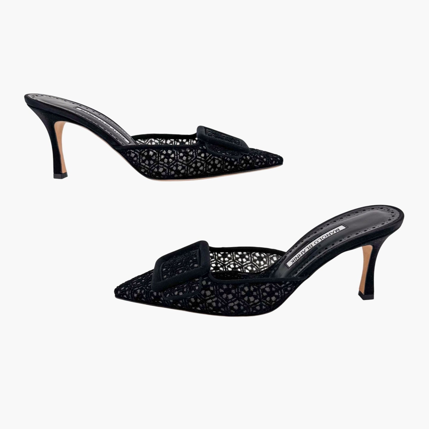 Manolo Blahnik Maysalebi 70 Mules in Black Lace with Buckle – Size 38