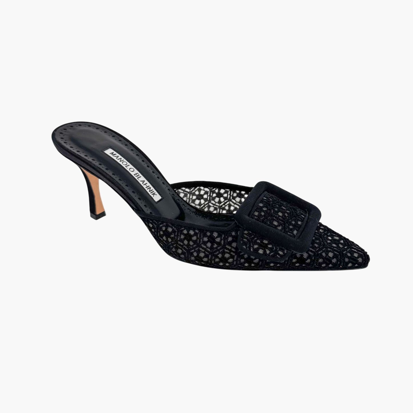 Manolo Blahnik Maysalebi 70 Mules in Black Lace with Buckle – Size 38