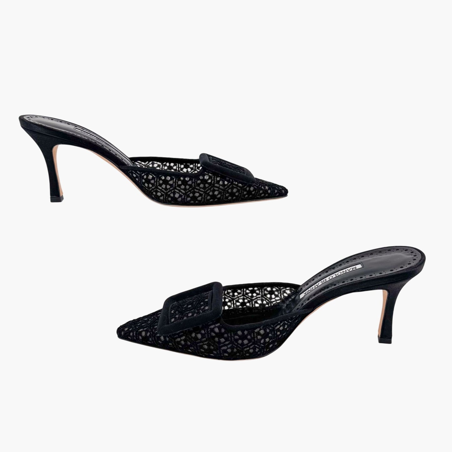 Manolo Blahnik Maysalebi 70 Mules in Black Lace with Buckle – Size 38