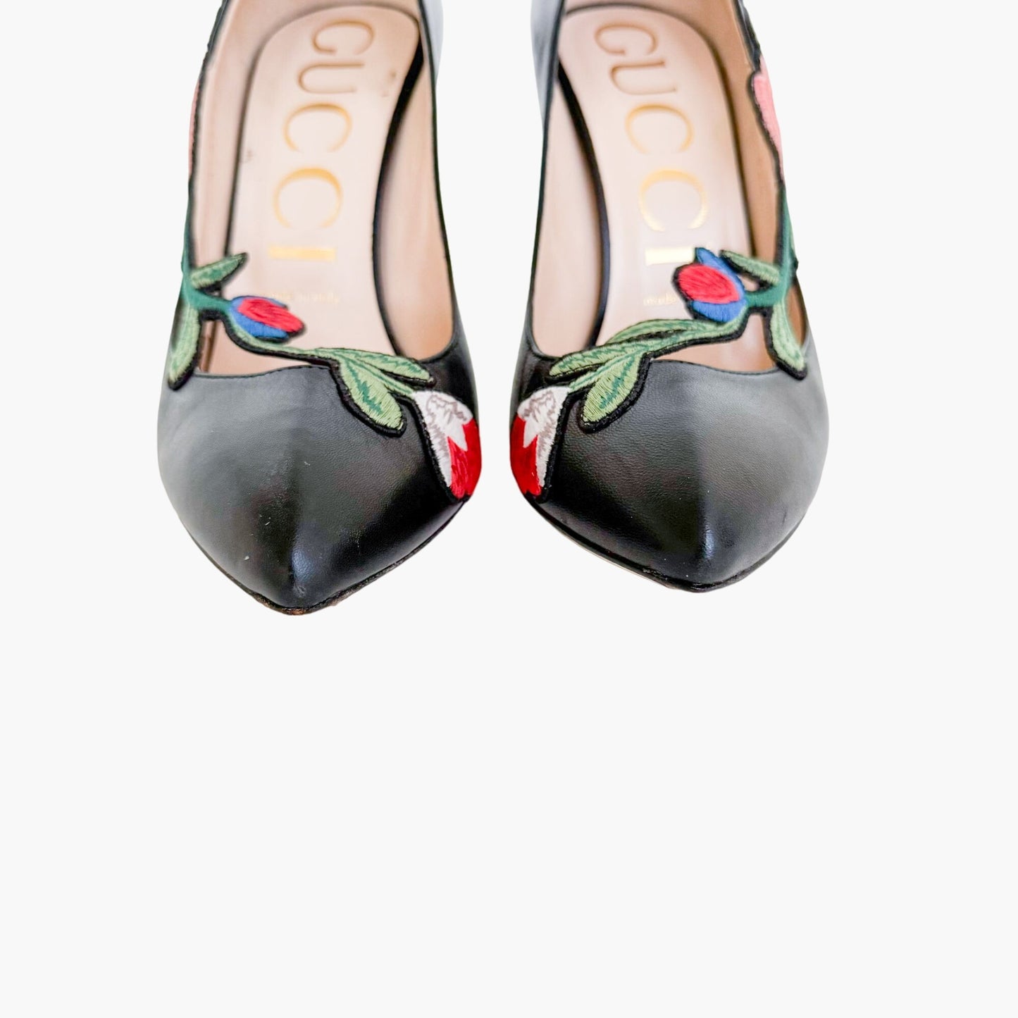 Gucci Ophelia Floral Embroidered Pumps in Black Leather Size 38