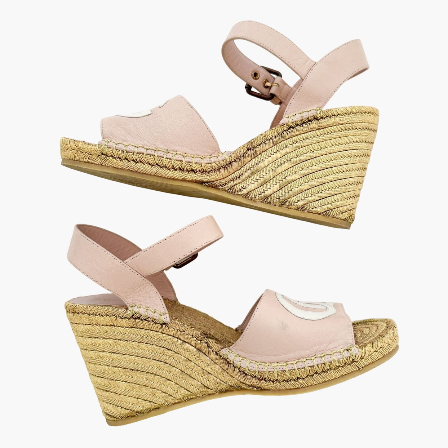 Gucci Flor GG Espadrille Wedge Sandals in Pink & Gold Leather Size 39.5