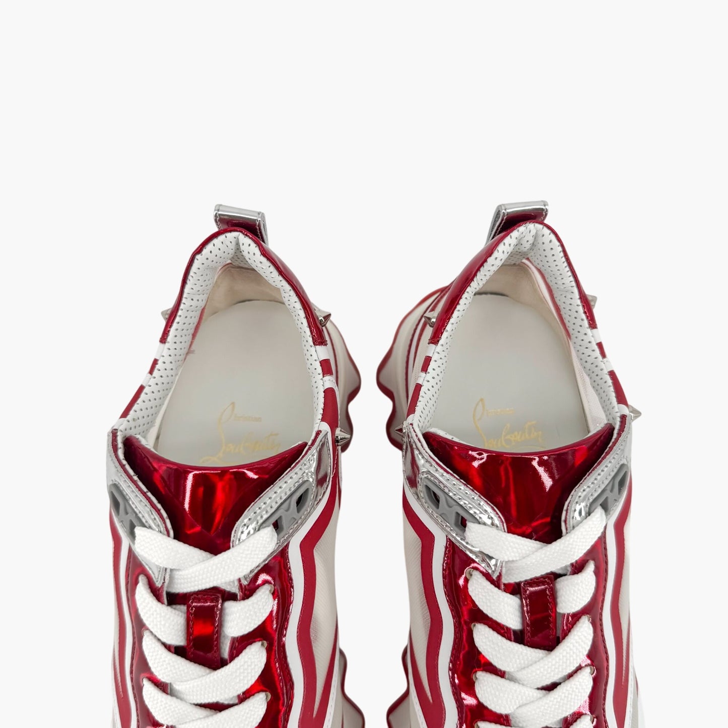 Christian Louboutin Sharkina Sneakers in White Mesh & Red Patent Leather – Size 39