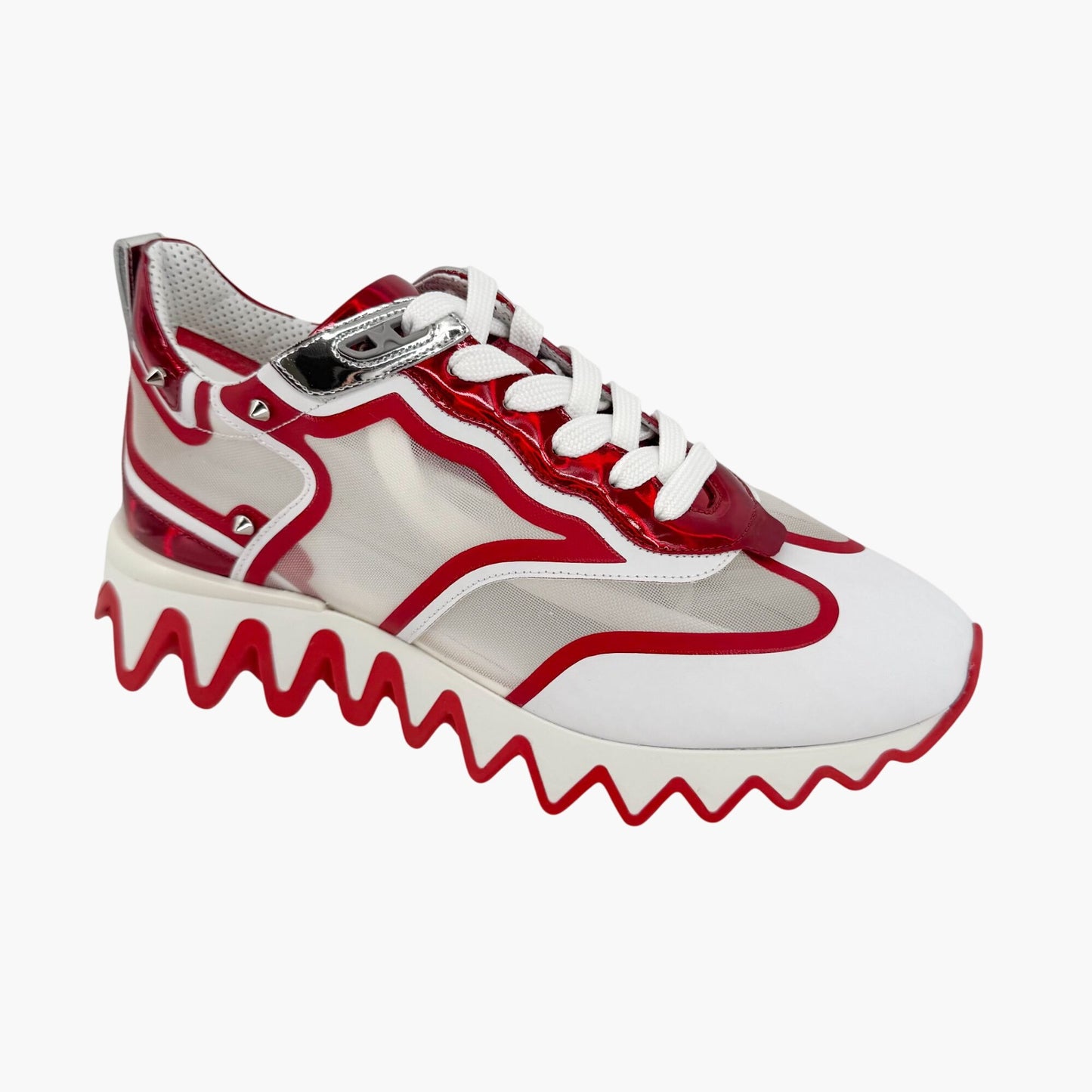 Christian Louboutin Sharkina Sneakers in White Mesh & Red Patent Leather – Size 39