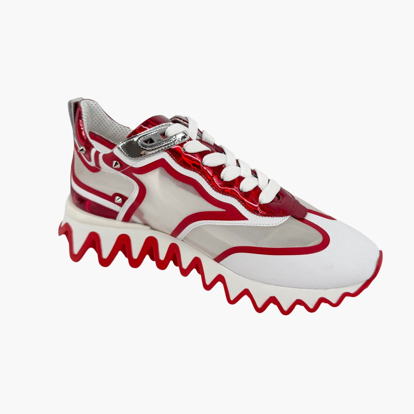 Christian Louboutin Sharkina Sneakers in White Mesh & Red Patent Leather – Size 39
