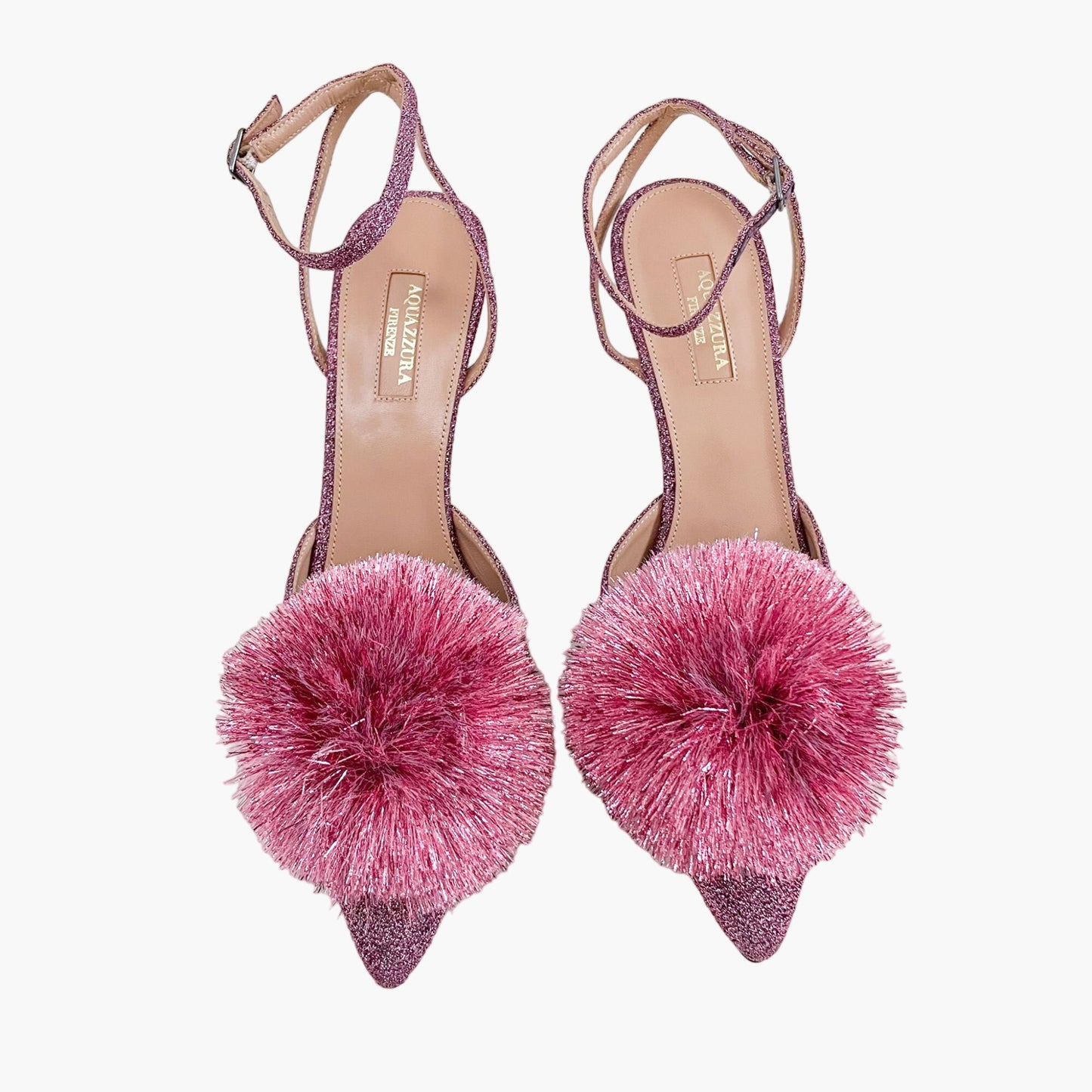 Aquazzura Powder Puff 85 Slingback Pumps in Pink Lurex Size 39.5