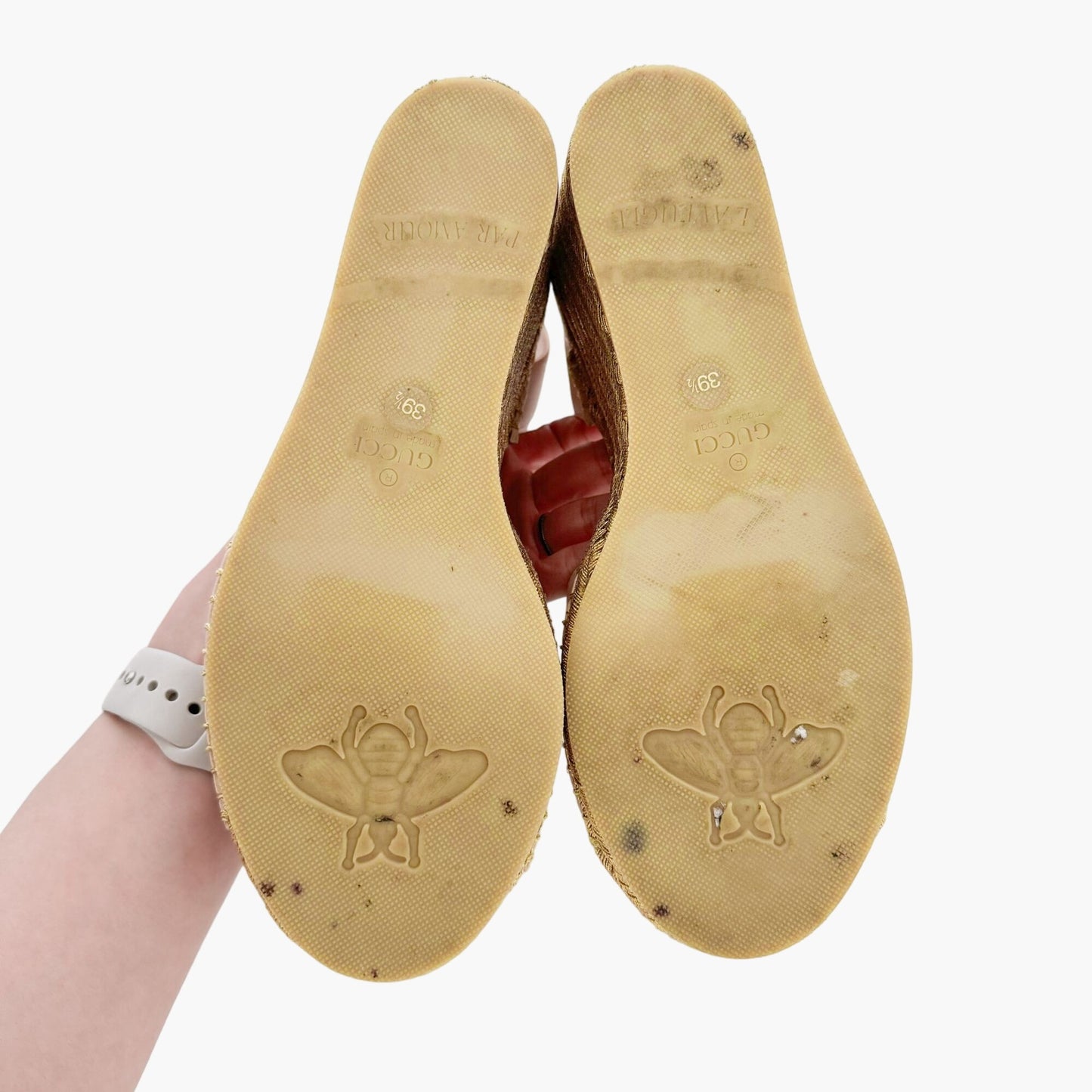 Gucci Flor GG Espadrille Wedge Sandals in Pink & Gold Leather Size 39.5