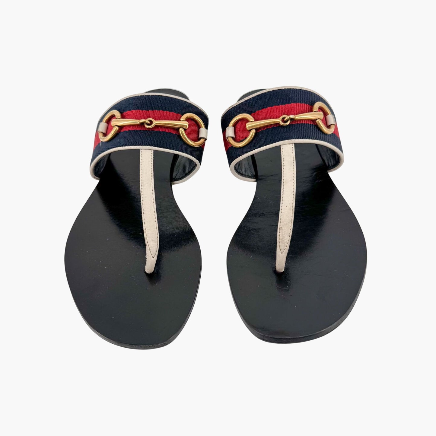 Gucci Horsebit Web Stripe T-Strap Thong Sandals in White Leather – Size 38