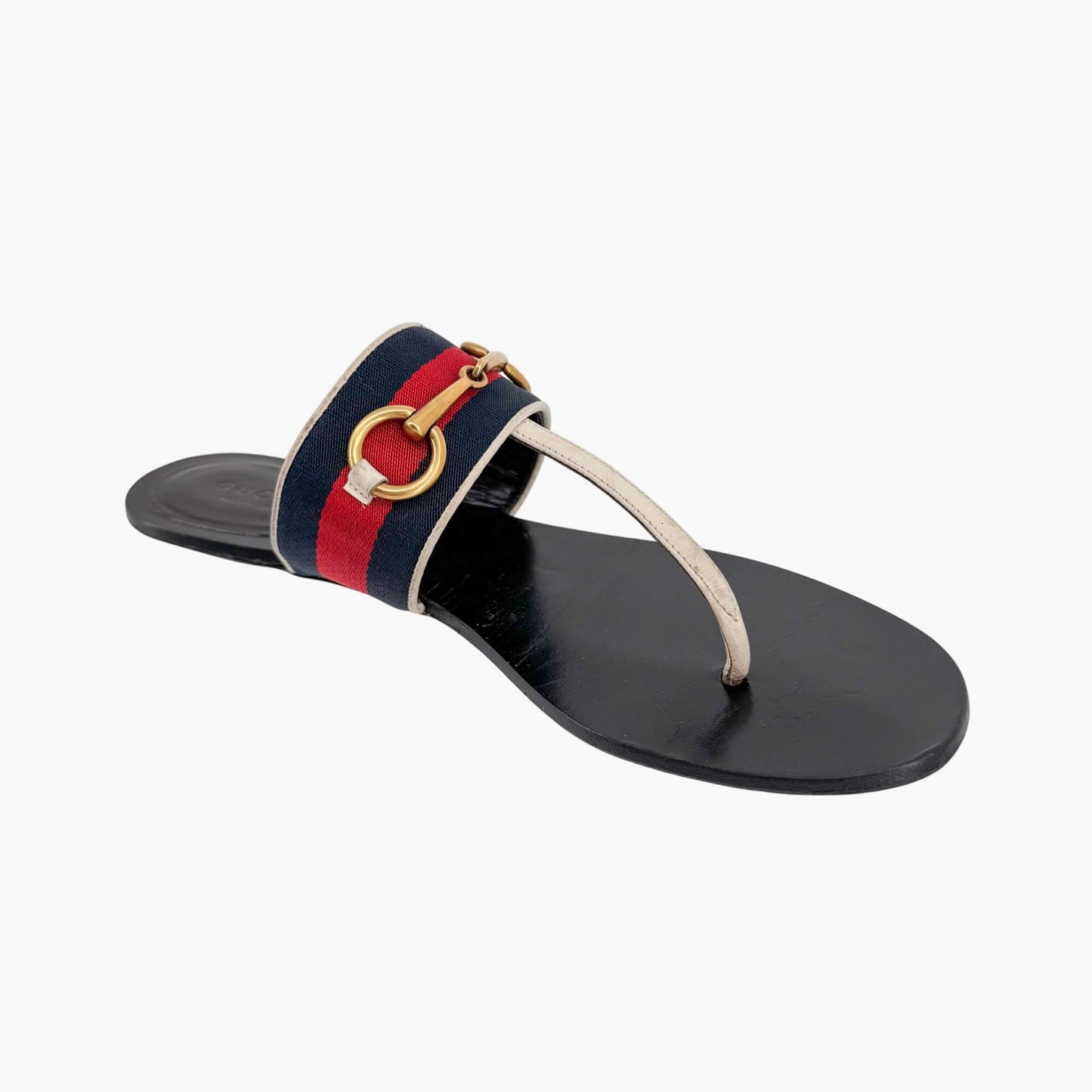 Gucci Horsebit Web Stripe T-Strap Thong Sandals in White Leather – Size 38