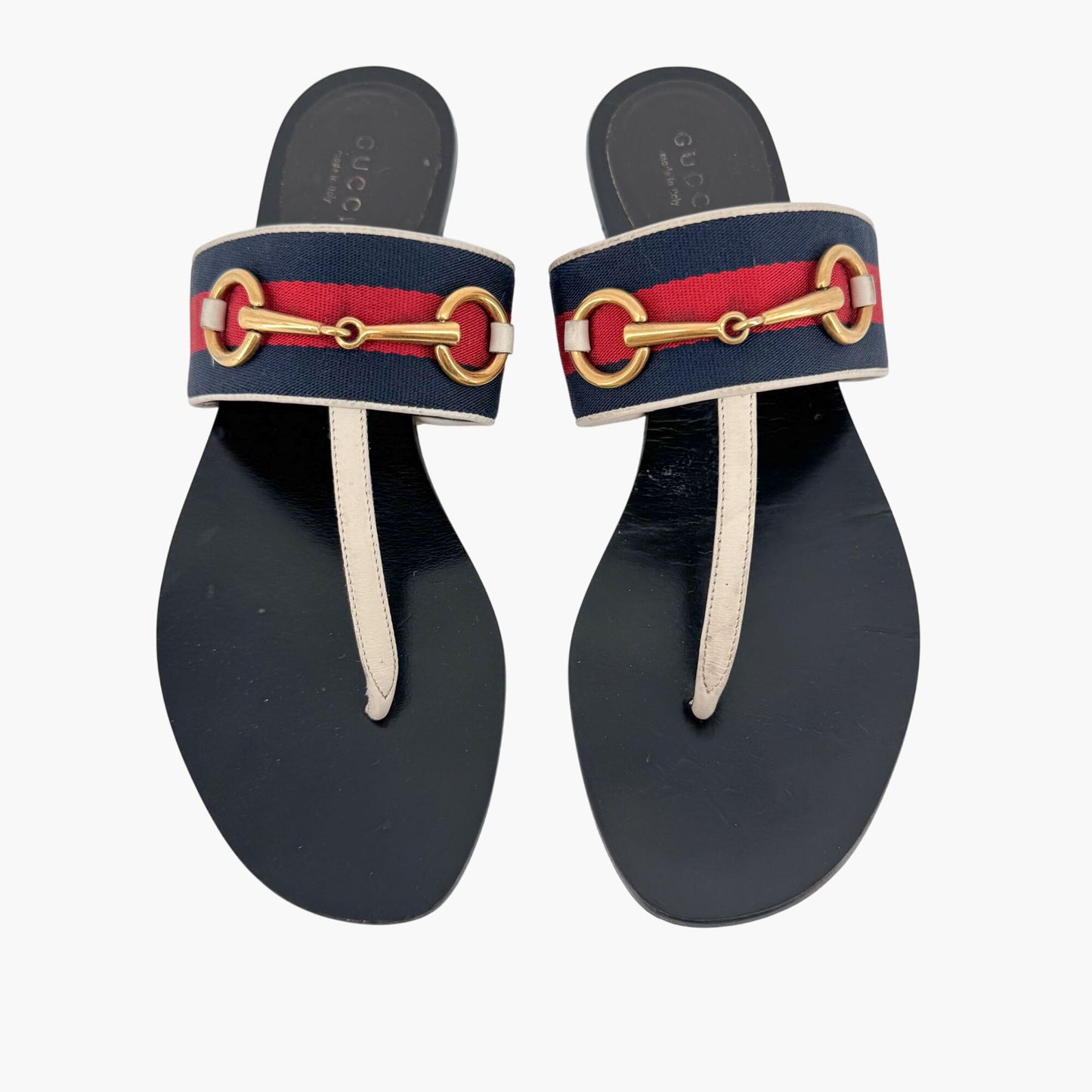 Gucci Horsebit Web Stripe T-Strap Thong Sandals in White Leather – Size 38