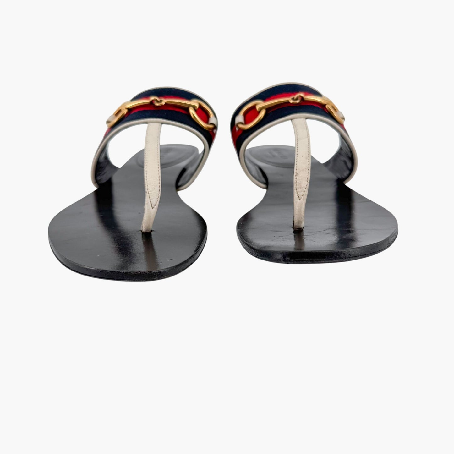 Gucci Horsebit Web Stripe T-Strap Thong Sandals in White Leather – Size 38