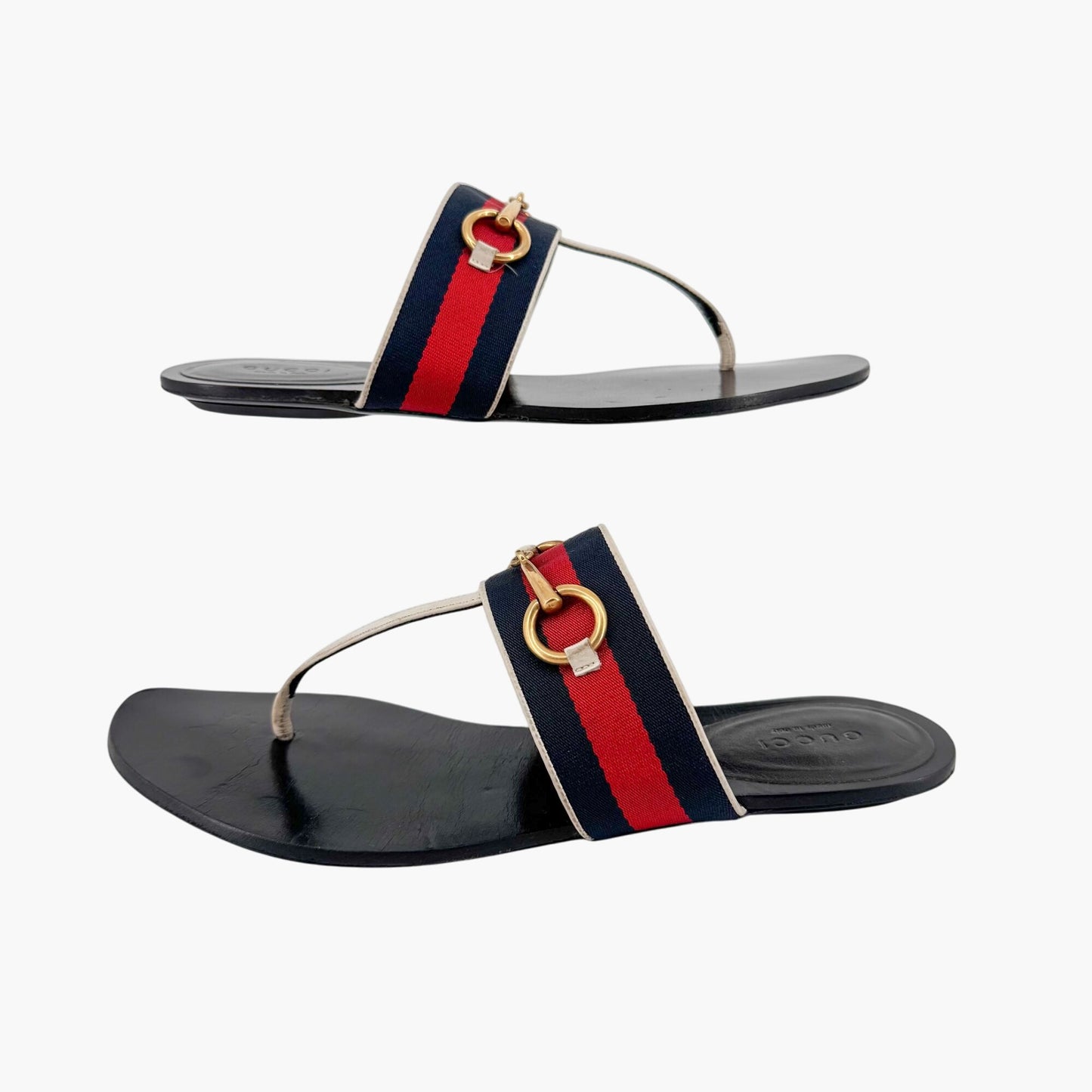 Gucci Horsebit Web Stripe T-Strap Thong Sandals in White Leather – Size 38