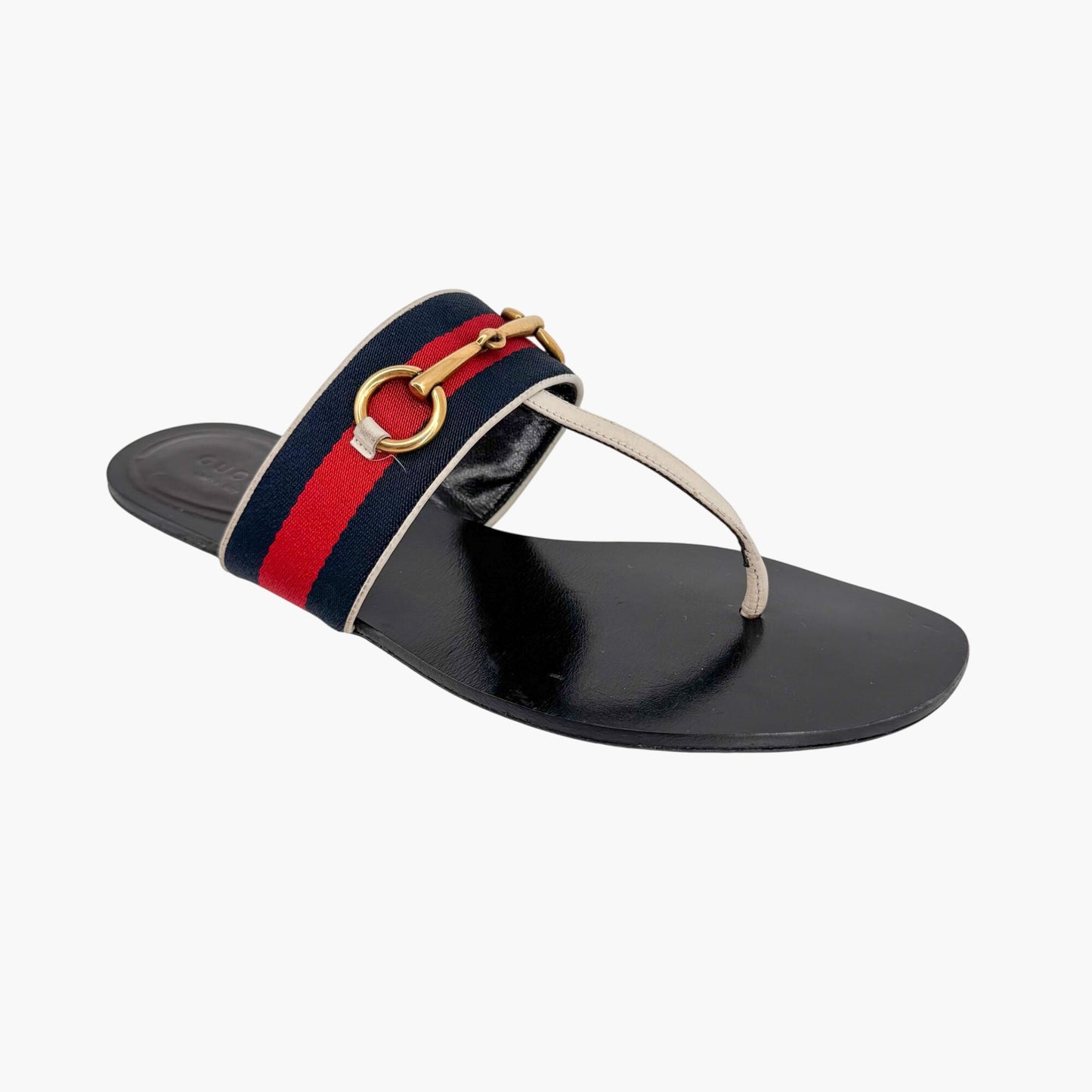 Gucci Horsebit Web Stripe T-Strap Thong Sandals in White Leather – Size 38