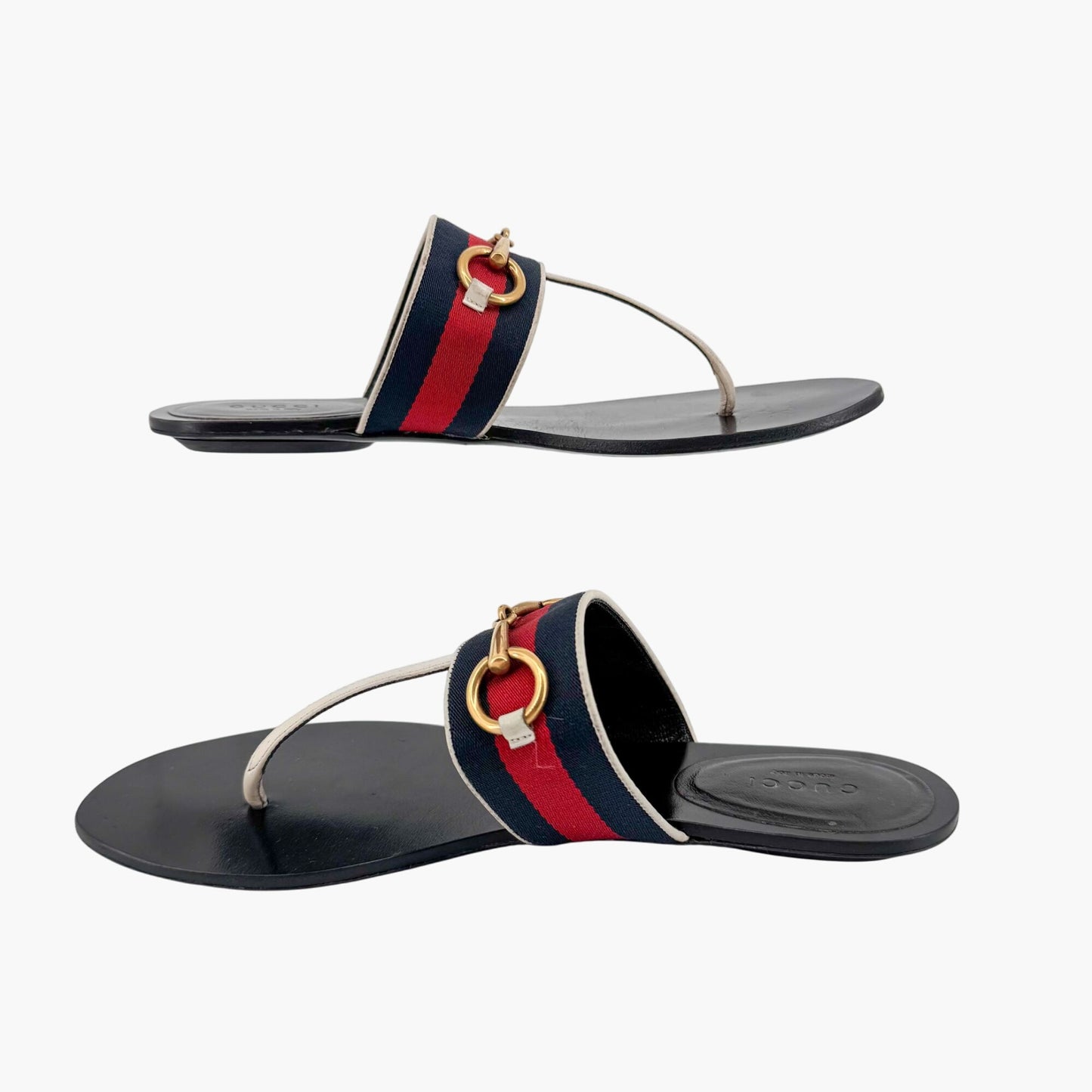 Gucci Horsebit Web Stripe T-Strap Thong Sandals in White Leather – Size 38