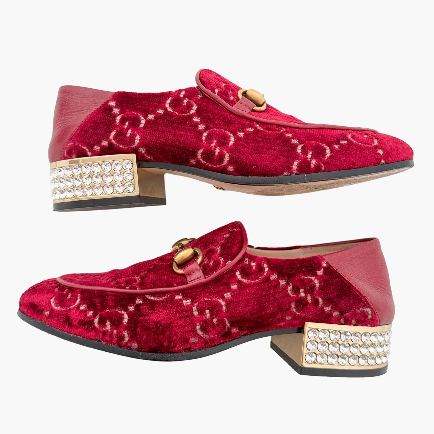 Gucci Mister Crystal Heel Horsebit Loafer in Red GG Velvet Size 36