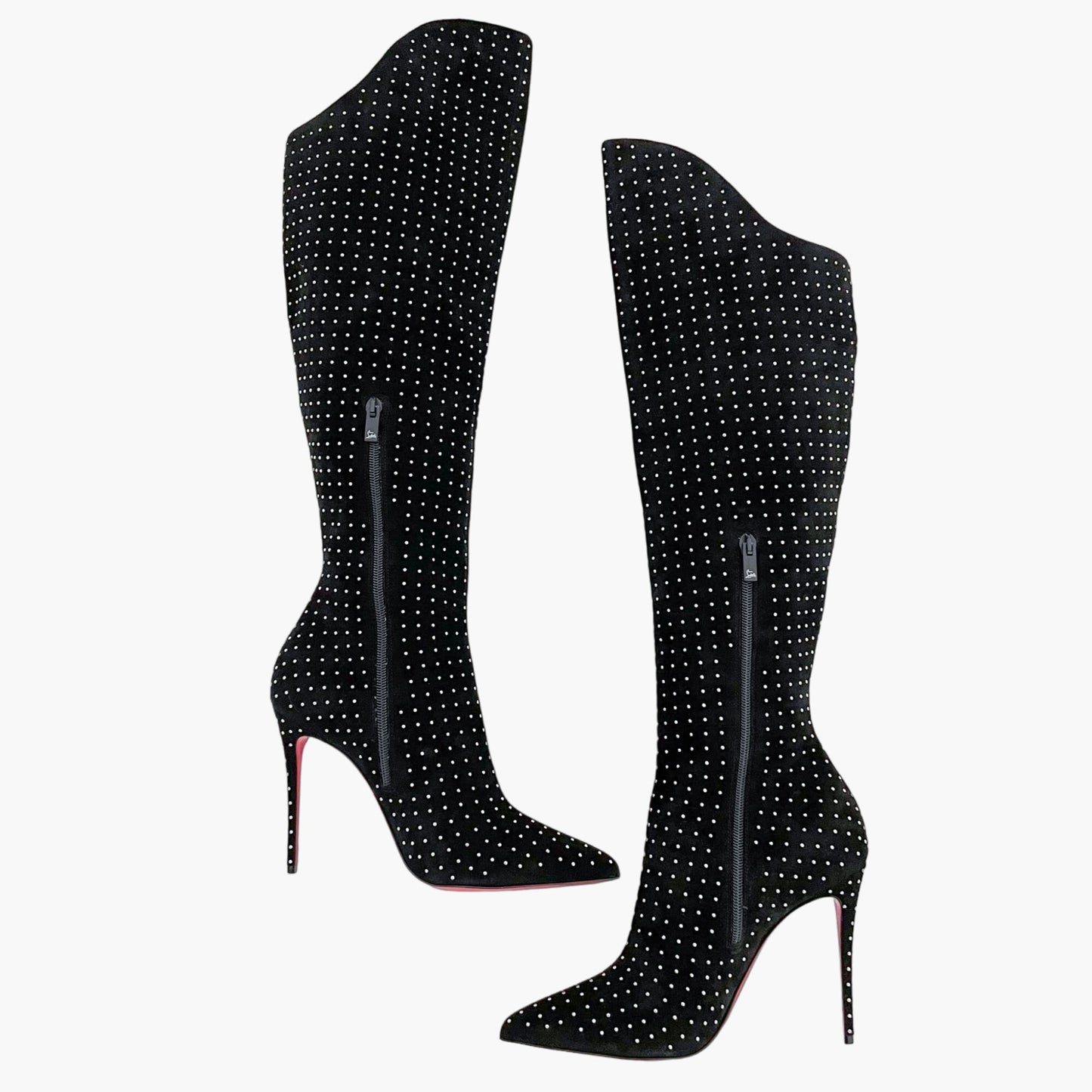 Christian Louboutin Alta Botta Plume 100 in Black Veau Velours with Silver Studs Size 39
