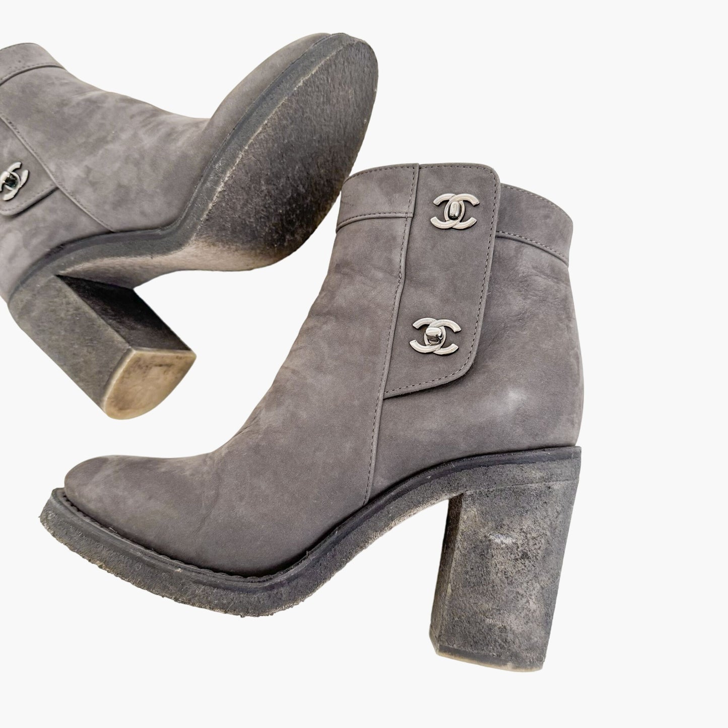 Chanel CC Turnlock Ankle Boots in Grey Suede Size 38