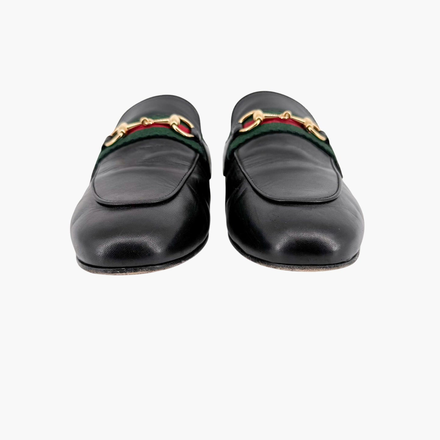 Gucci Princetown Web Stripe Horsebit Loafer Mules in Black Leather Size 36