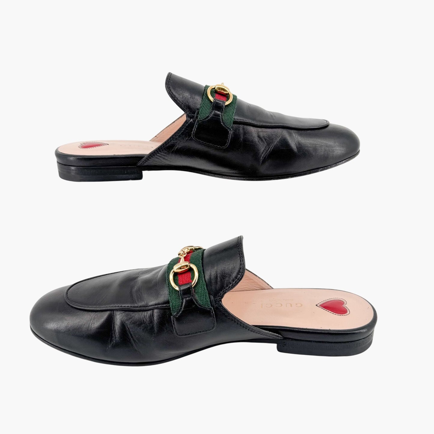Gucci Princetown Web Stripe Horsebit Loafer Mules in Black Leather Size 36