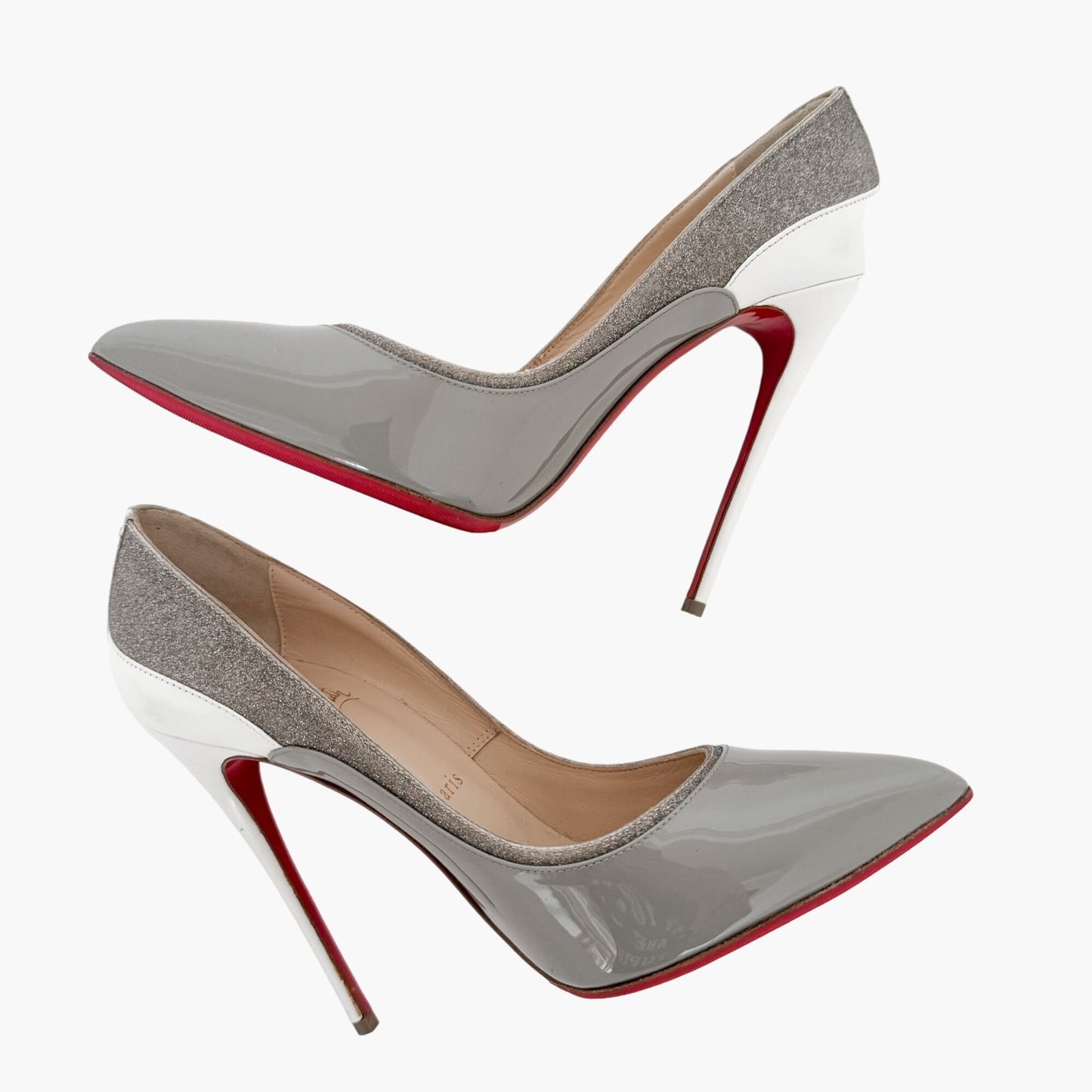 Christian Louboutin Tucsick 120 Pumps in Gray Patent, White Leather & Glitter Size 38