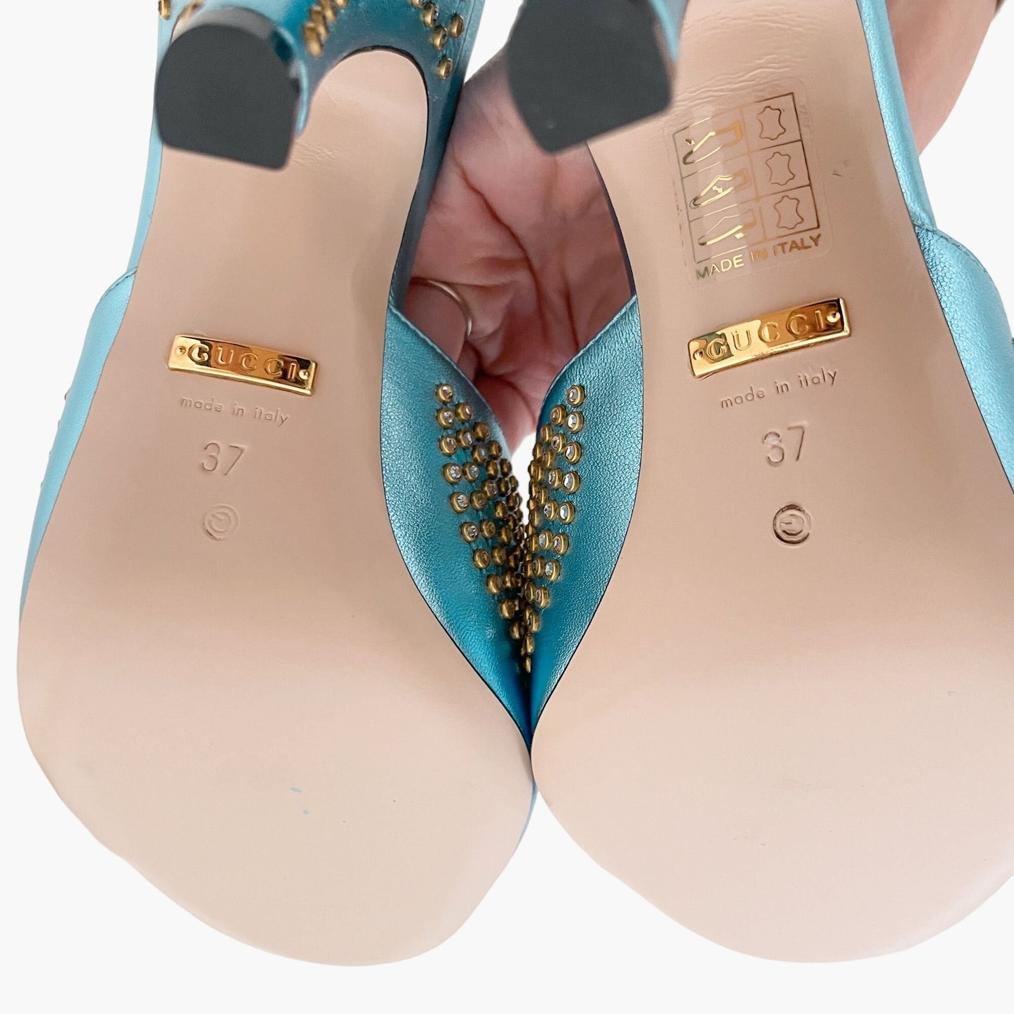Gucci Fedra Crystal-Embellished Mules in Cielo (Metallic Blue) Size 37