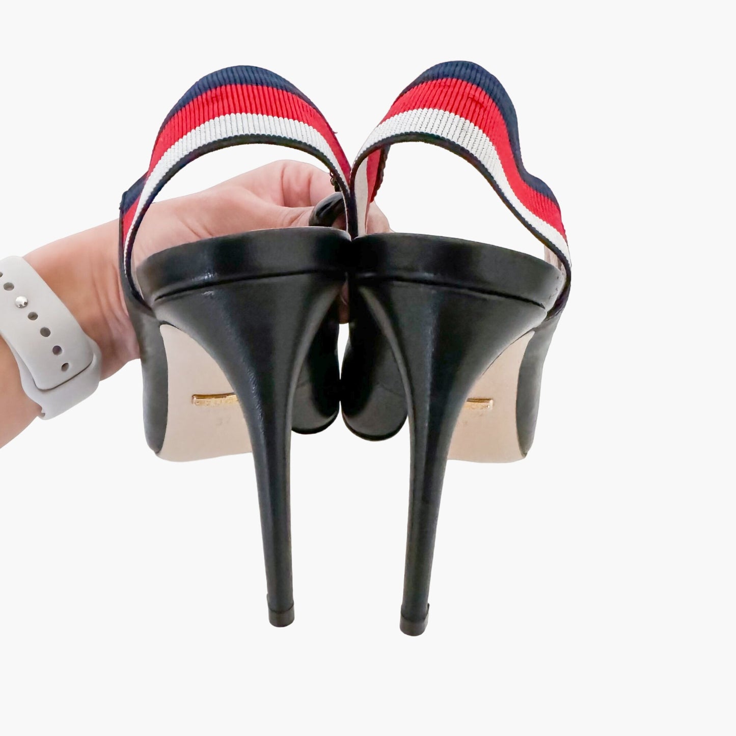 Gucci Sylvie Web Stripe Slingback Pumps in Black Size 37