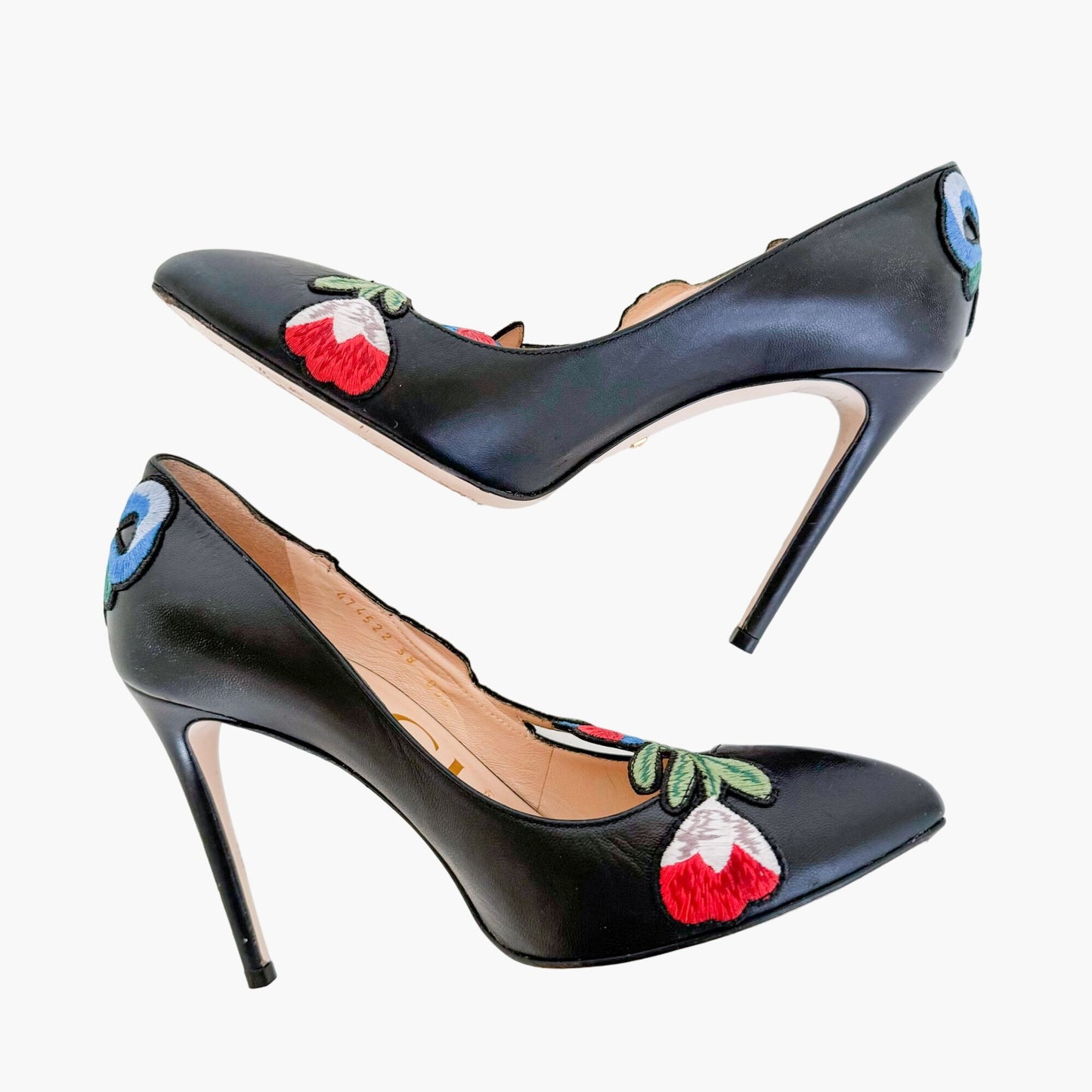 Gucci Ophelia Floral Embroidered Pumps in Black Leather Size 38