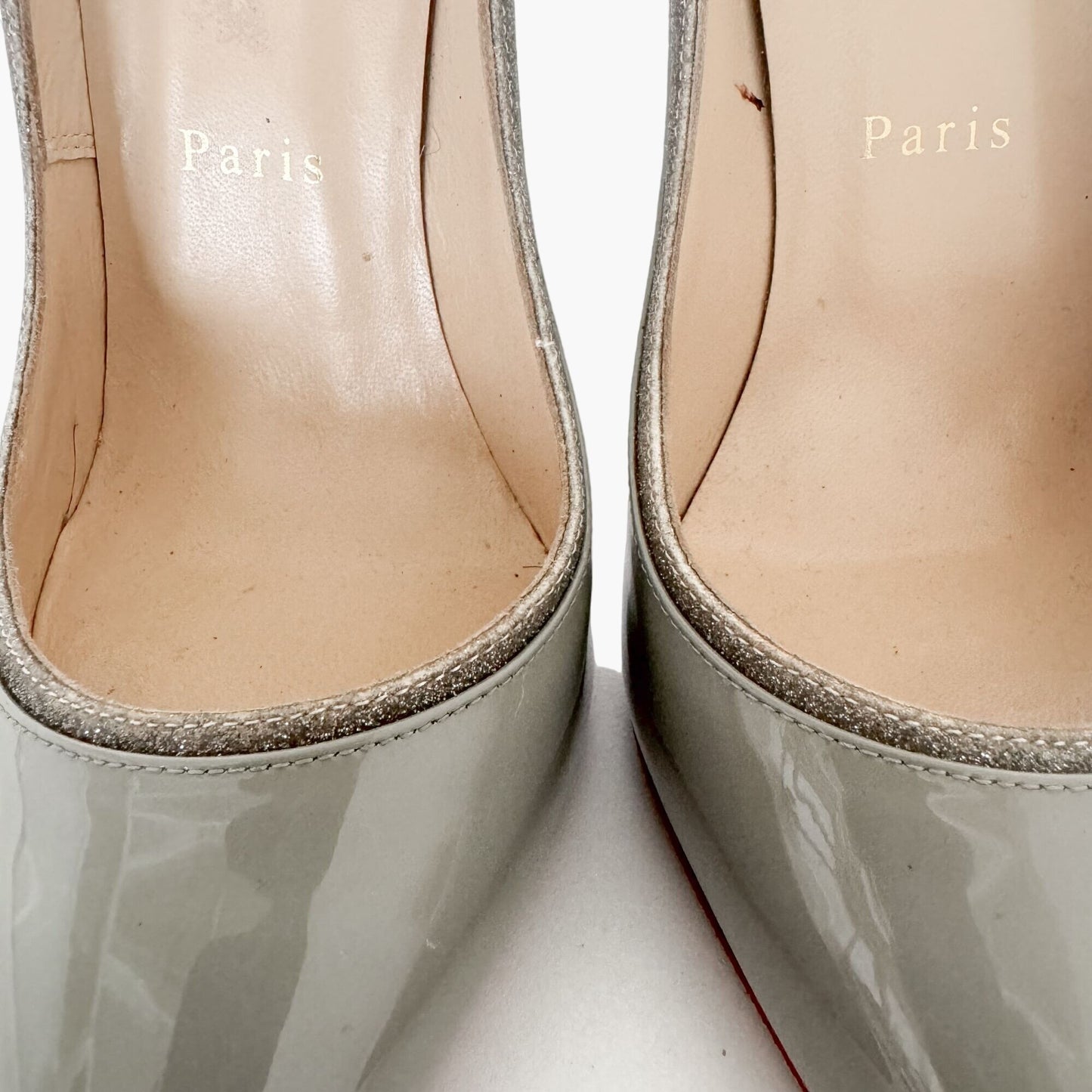 Christian Louboutin Tucsick 120 Pumps in Gray Patent, White Leather & Glitter Size 38