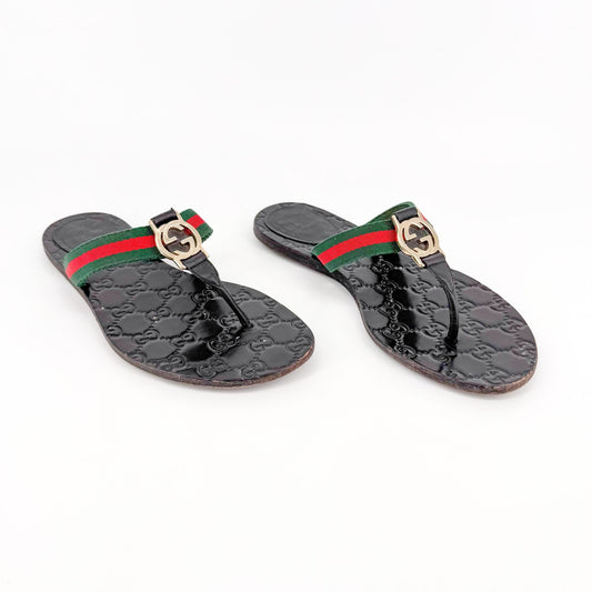 Gucci Interlocking G Web Stripe Thong Sandals in Black GG Monogram Leather Size 37