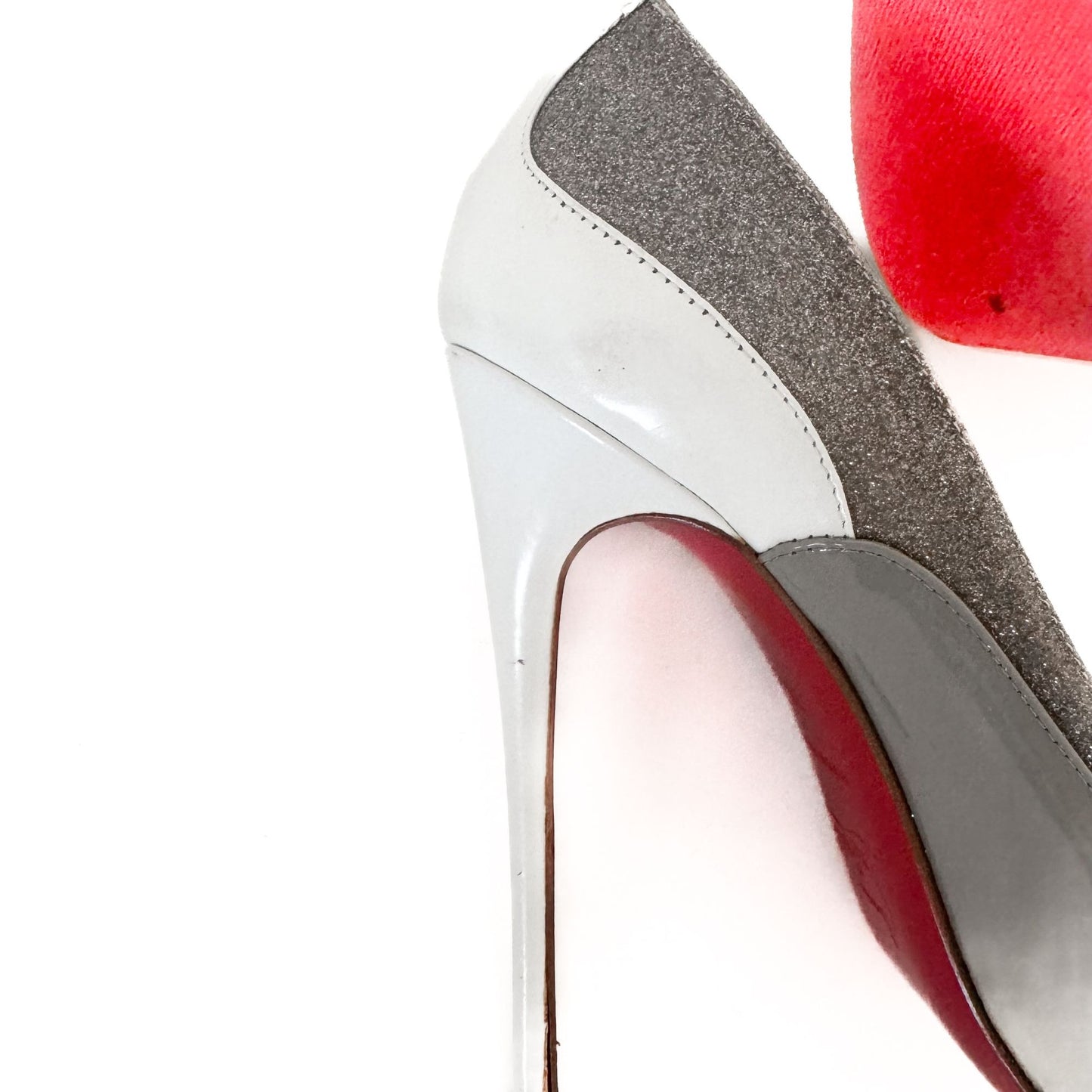 Christian Louboutin Tucsick 120 Pumps in Gray Patent, White Leather & Glitter Size 38