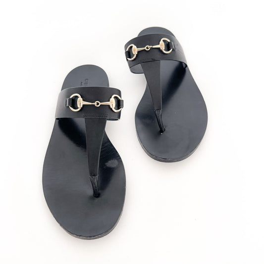 Gucci Horsebit Thong Sandals in Black Leather Size 37