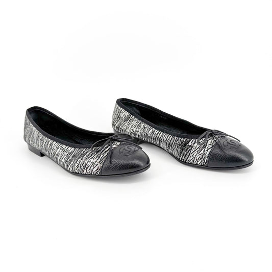 Chanel CC Cap Toe Ballet Flats in Metallic Silver & Black Size 38