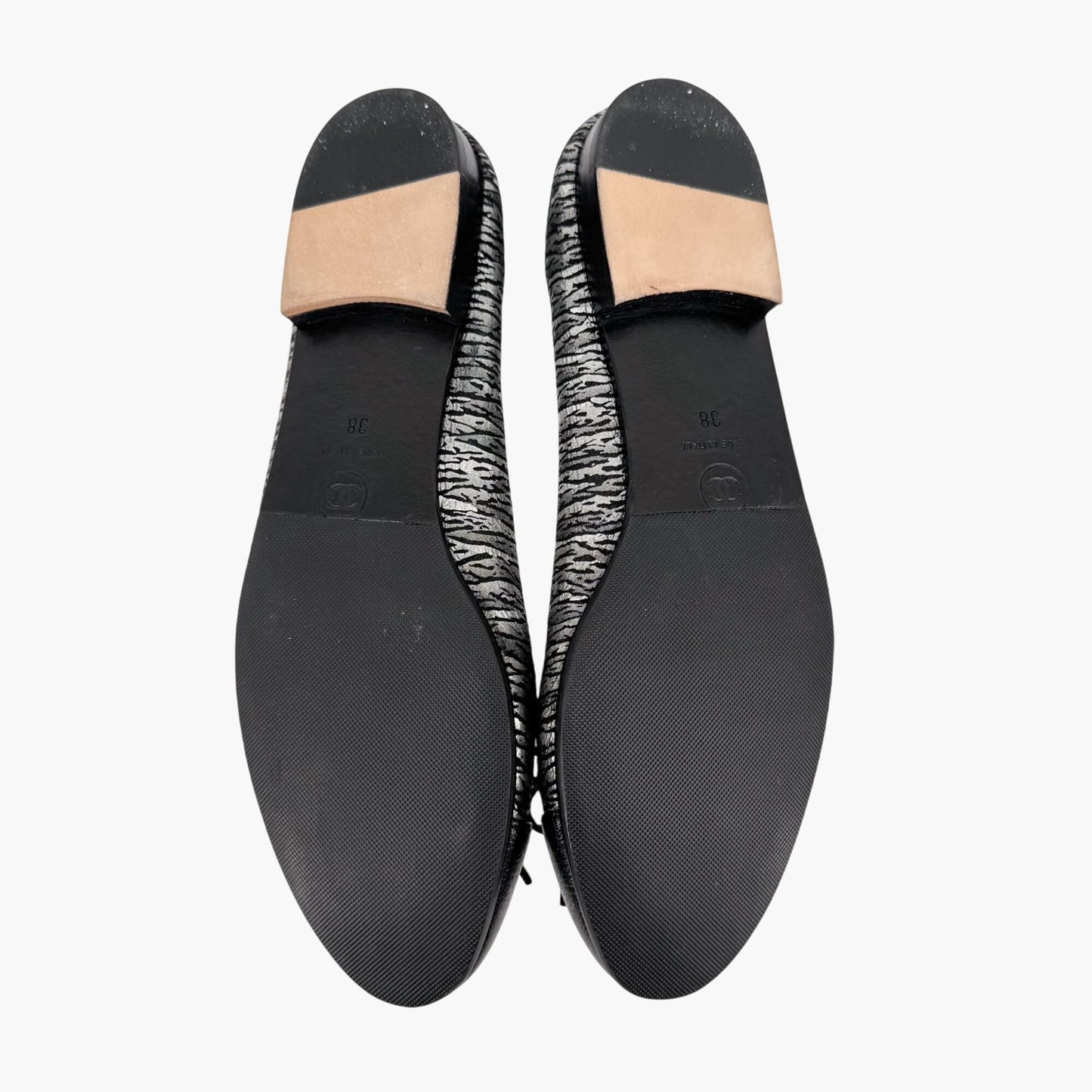 Chanel CC Cap Toe Ballet Flats in Metallic Silver & Black Size 38